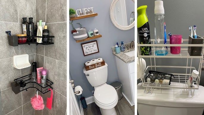 Kolme erilaista kylpyhuoneen hyllyratkaisua suihkussa ja wc-istuinten yläpuolella.